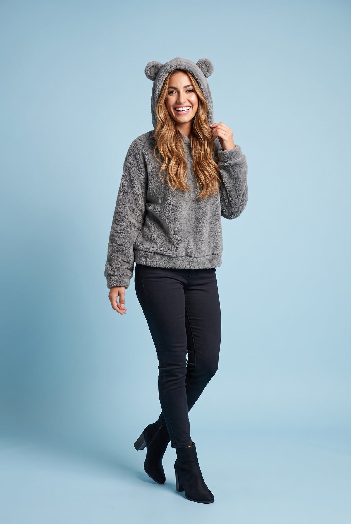 ADALINE Fluffy Teddy Hoodie in dark grey, front