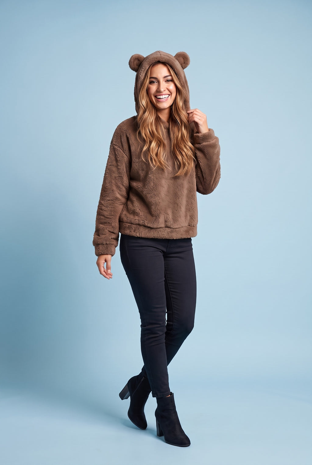 ADALINE Fluffy Teddy Hoodie in coffee, front