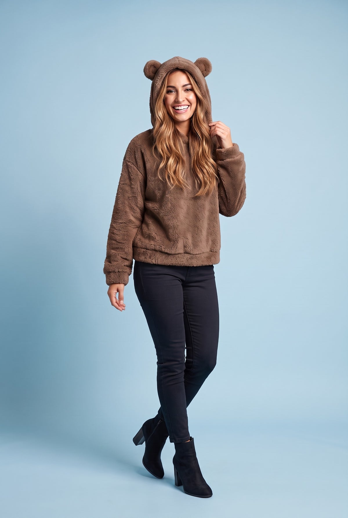 ADALINE Fluffy Teddy Hoodie in coffee, front