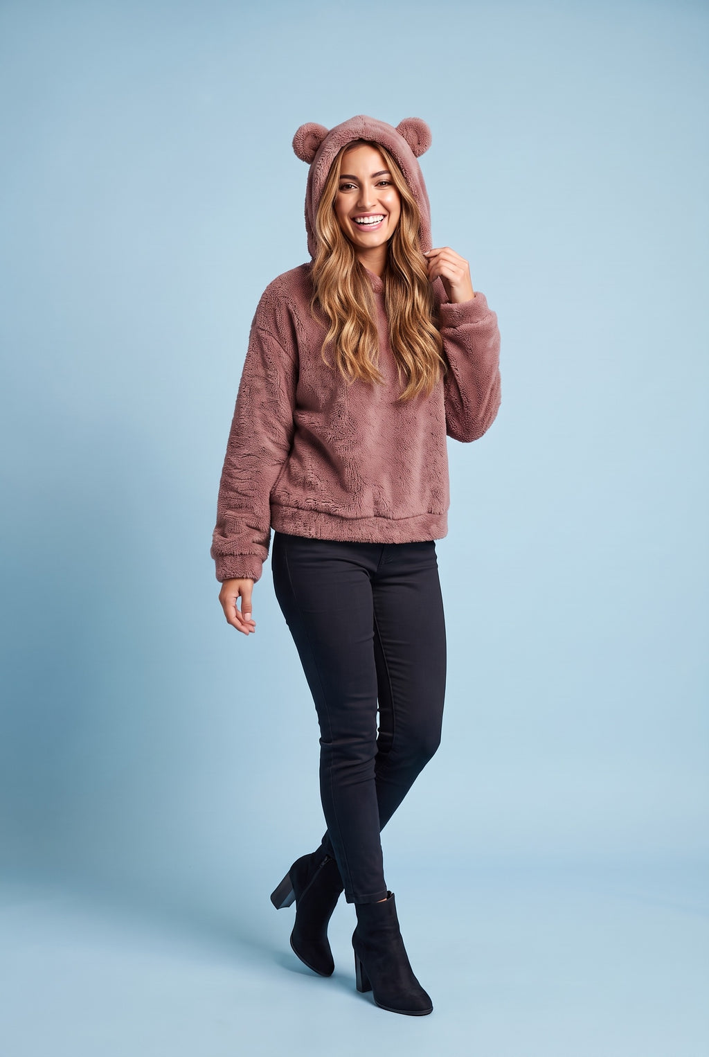ADALINE Fluffy Teddy Hoodie in leather pink, front