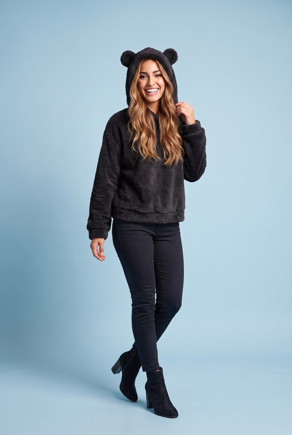 ADALINE Fluffy Teddy Hoodie in black, front