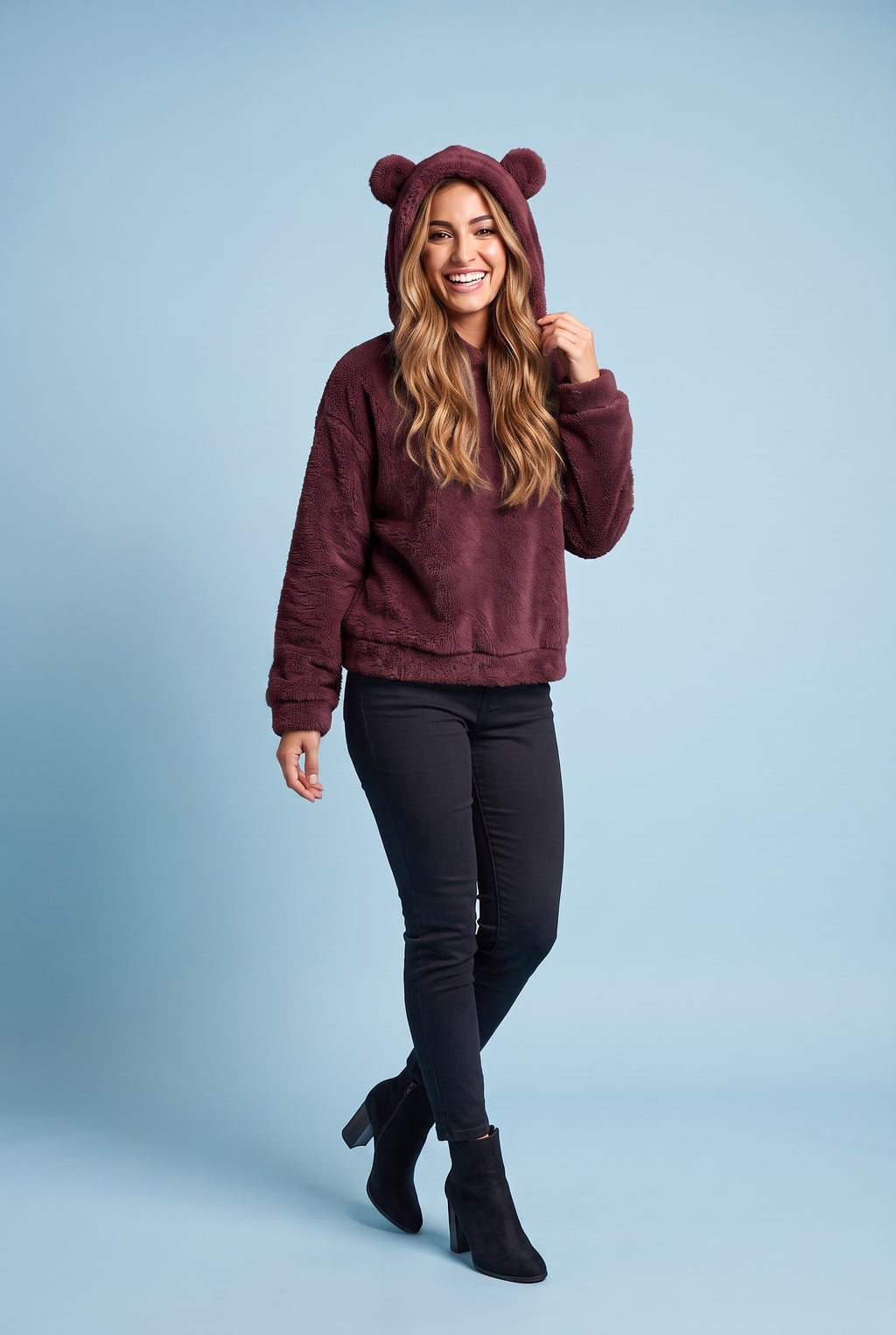 ADALINE Fluffy Teddy Hoodie in claret, front