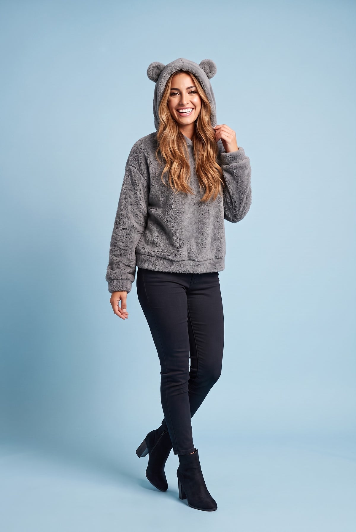 ADALINE Fluffy Teddy Hoodie in grey, front