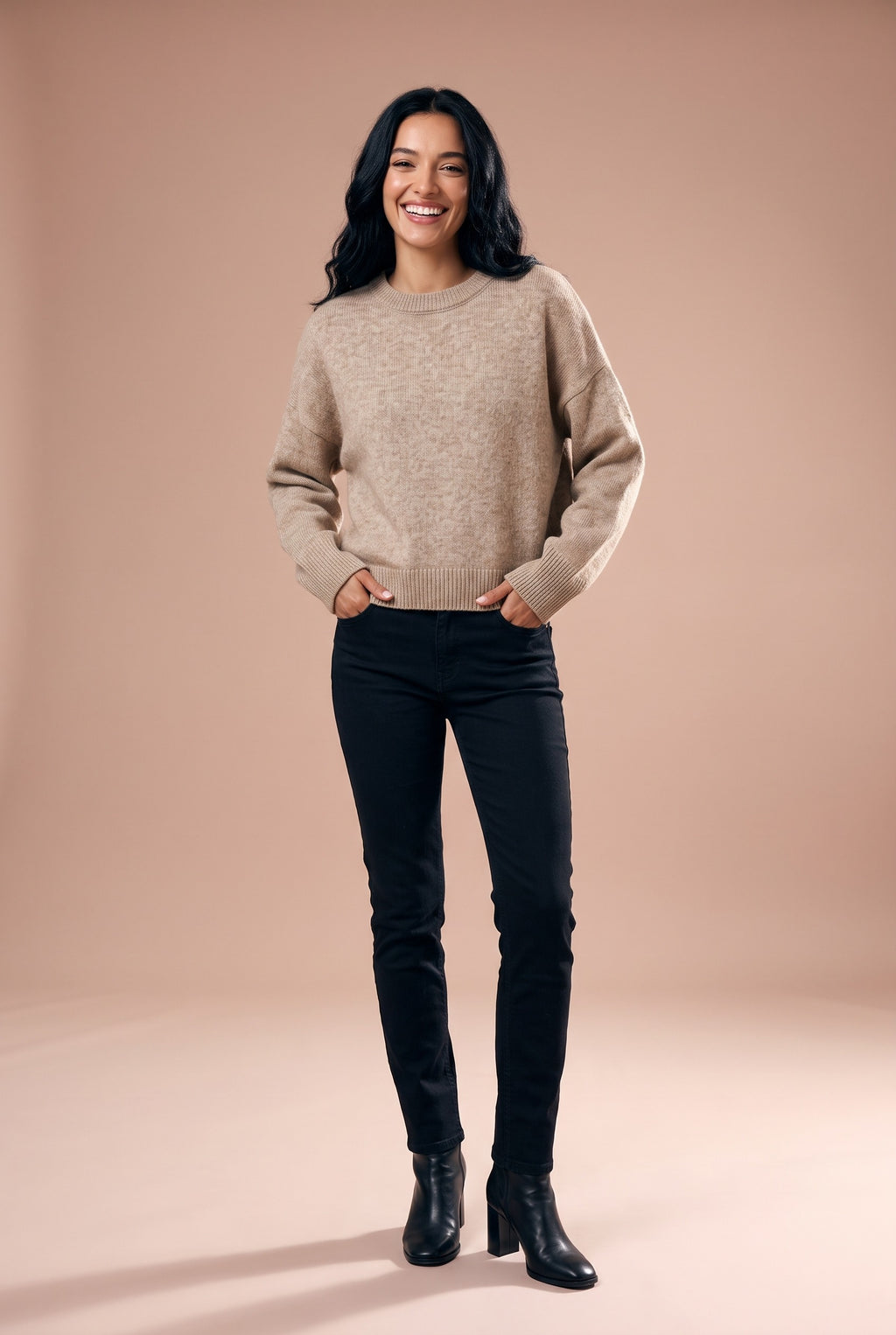 AINSLEY Oversized Crew Neck Knitted Jumper in khaki, front