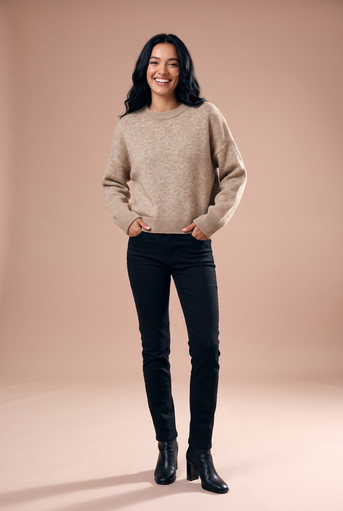 AINSLEY Oversized Crew Neck Knitted Jumper in khaki, front