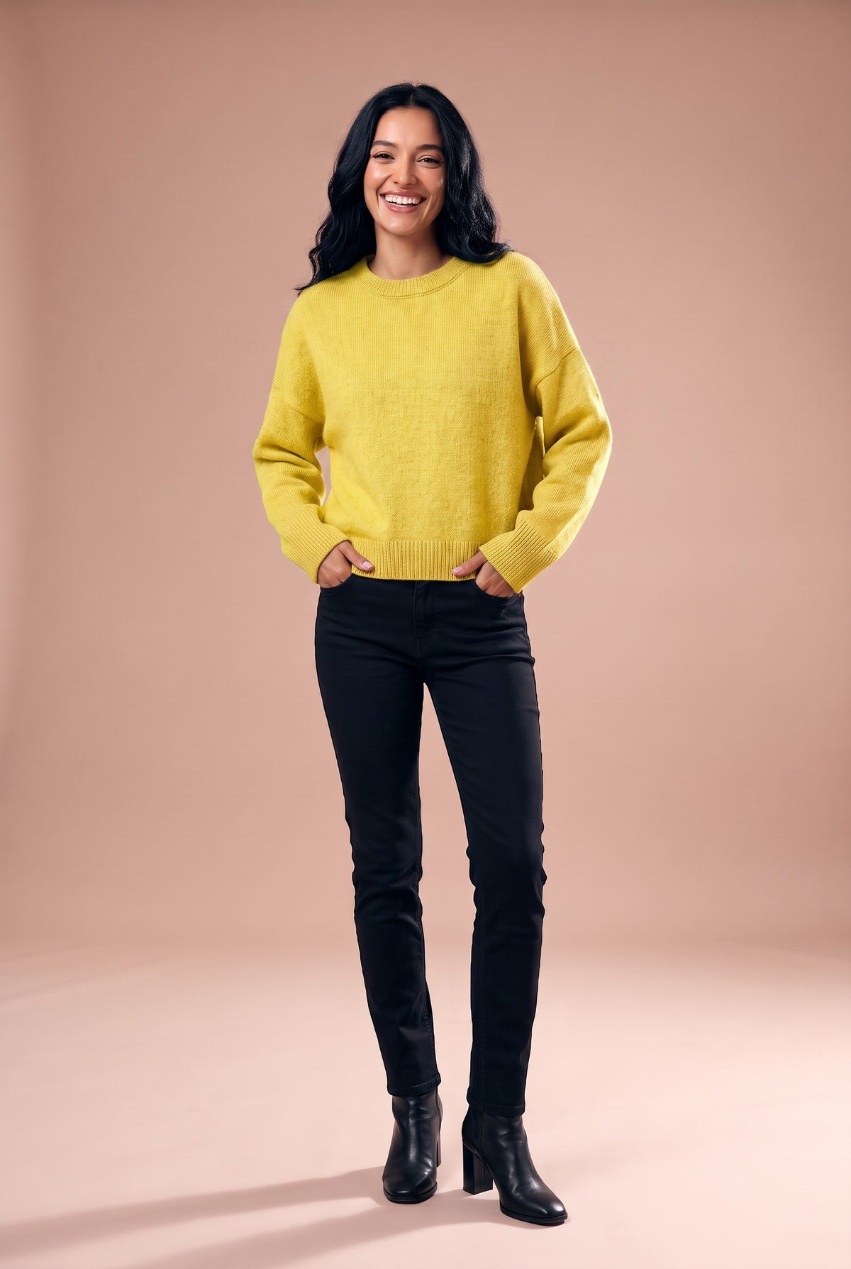 AINSLEY Oversized Crew Neck Knitted Jumper in yellow, front