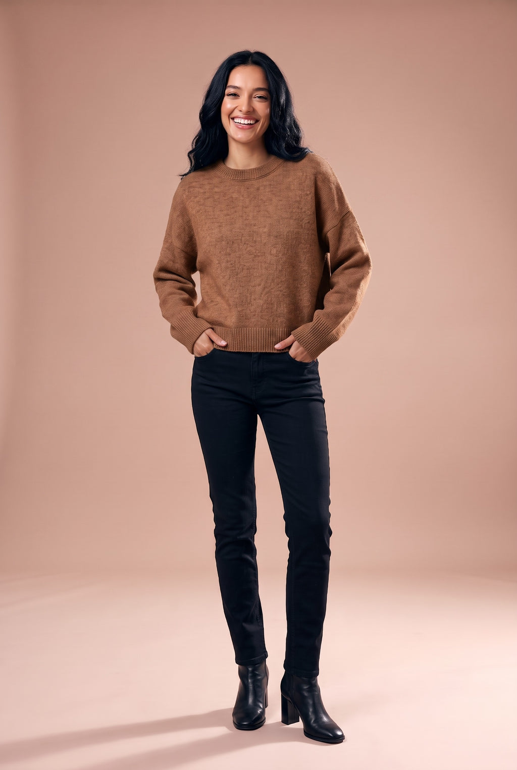 AINSLEY Oversized Crew Neck Knitted Jumper in brown, front