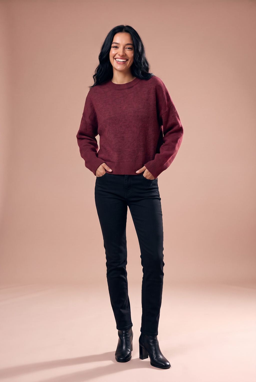 AINSLEY Oversized Crew Neck Knitted Jumper in wine red, front