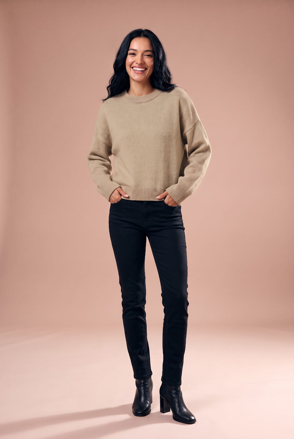 AINSLEY Oversized Crew Neck Knitted Jumper in beige, front