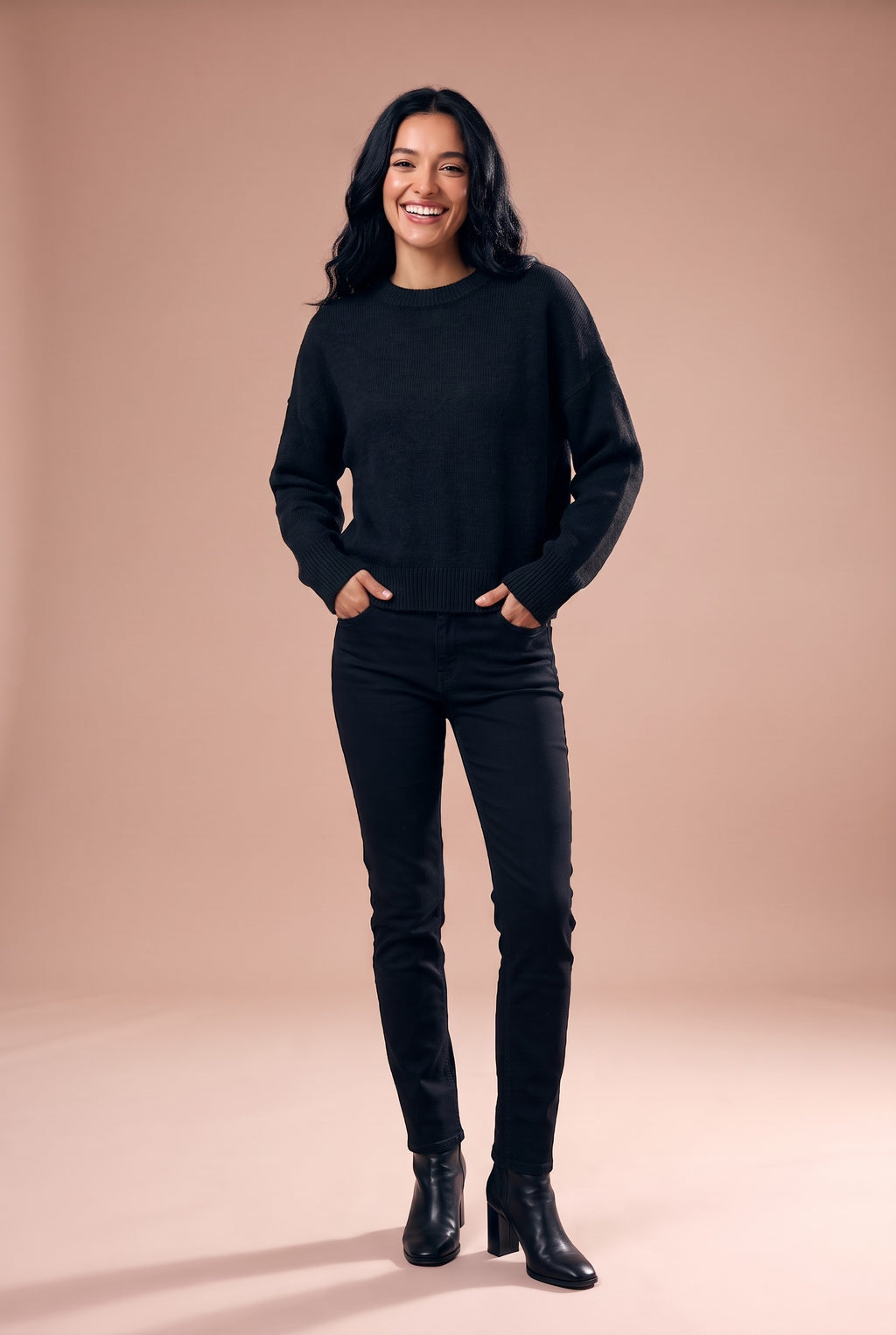 AINSLEY Oversized Crew Neck Knitted Jumper in black, front