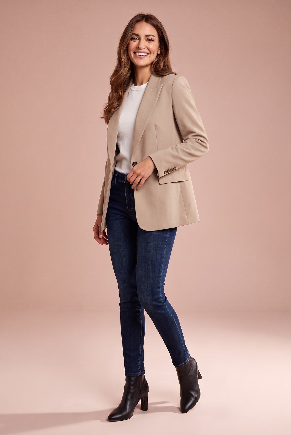 ALESSIA Single Breasted Boyfriend Blazer in beige, front