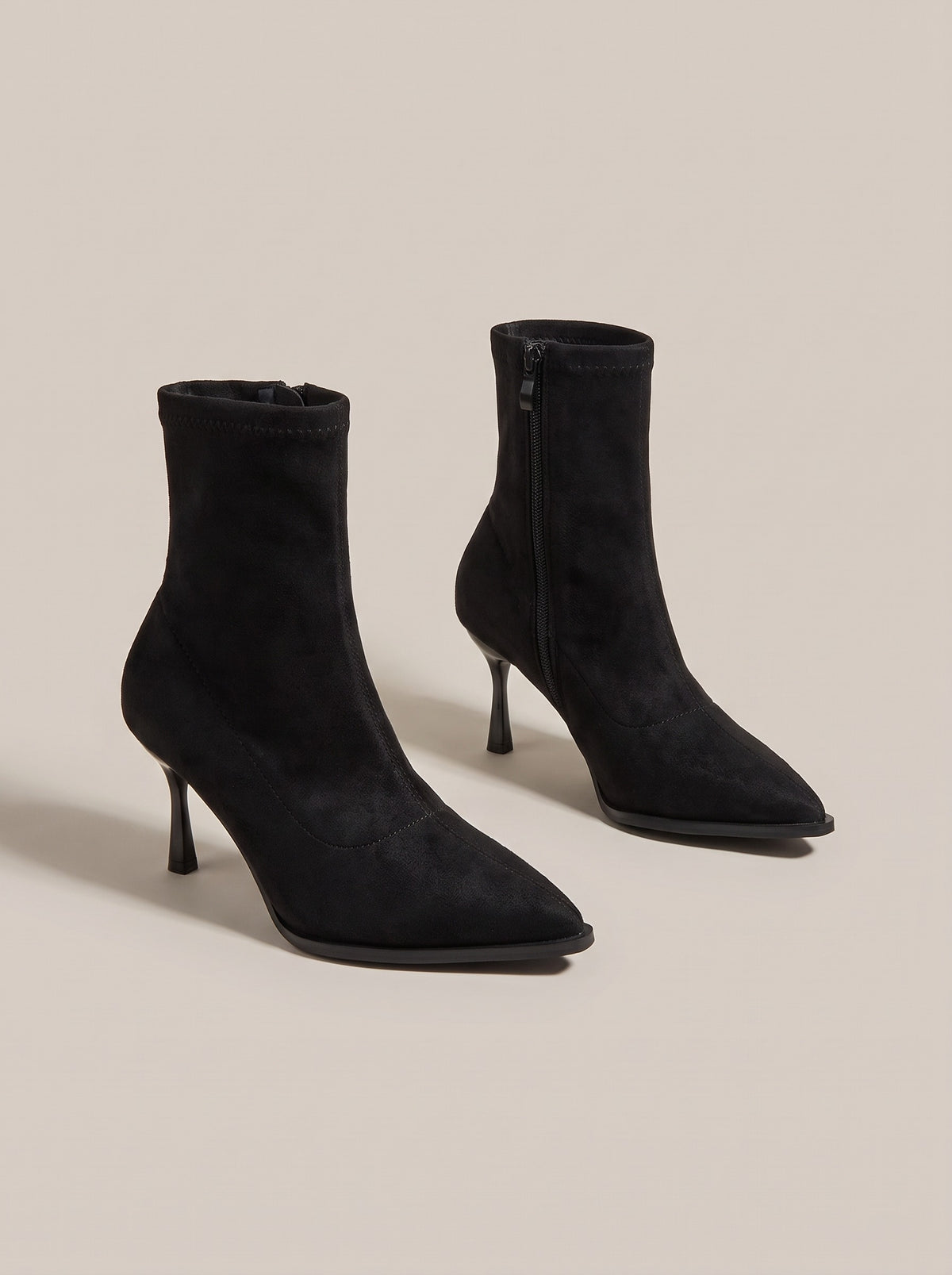ALINA Pointed Toe Faux Suede Stiletto Ankle Boots in black, front