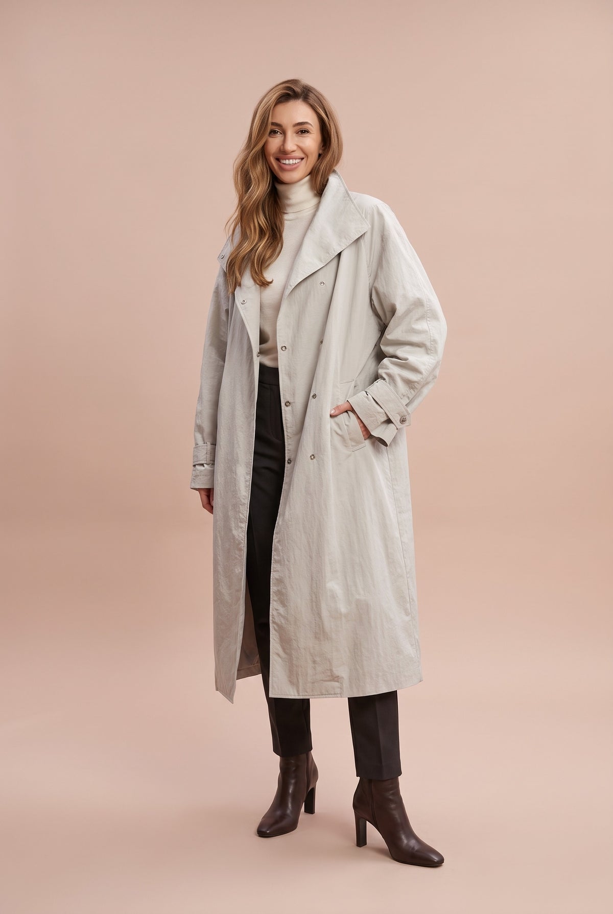 ALIYAH Oversized Longline Trench Coat in apricot, front