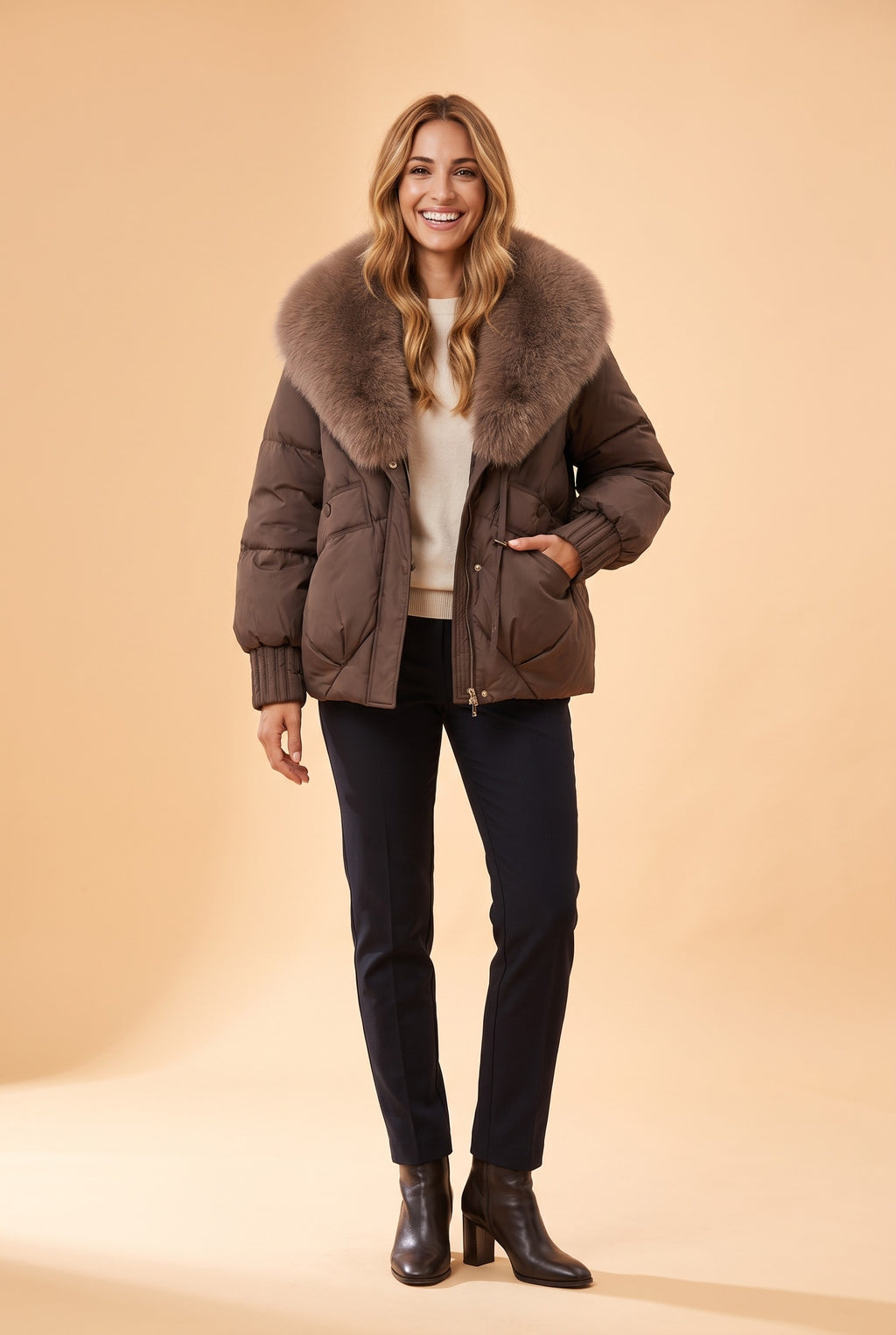 ANTHEIA Detachable Faux Fur Collar Puffer Coat in coffee, front