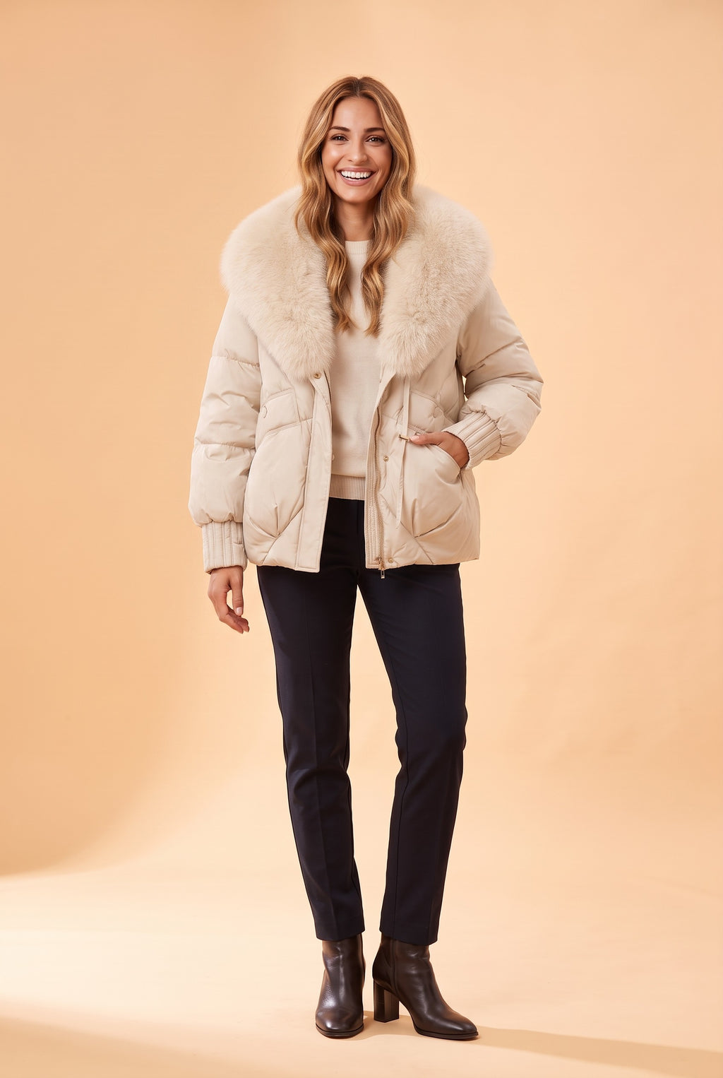 ANTHEIA Detachable Faux Fur Collar Puffer Coat in cream, front