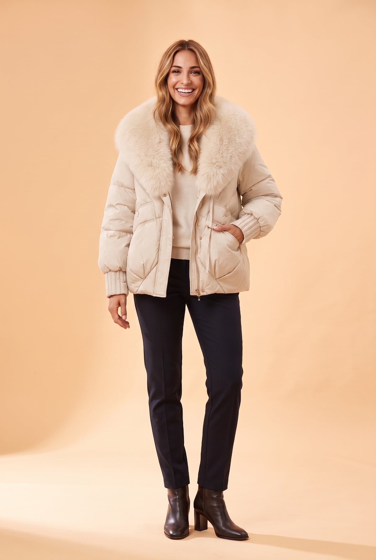 ANTHEIA Detachable Faux Fur Collar Puffer Coat in cream, front