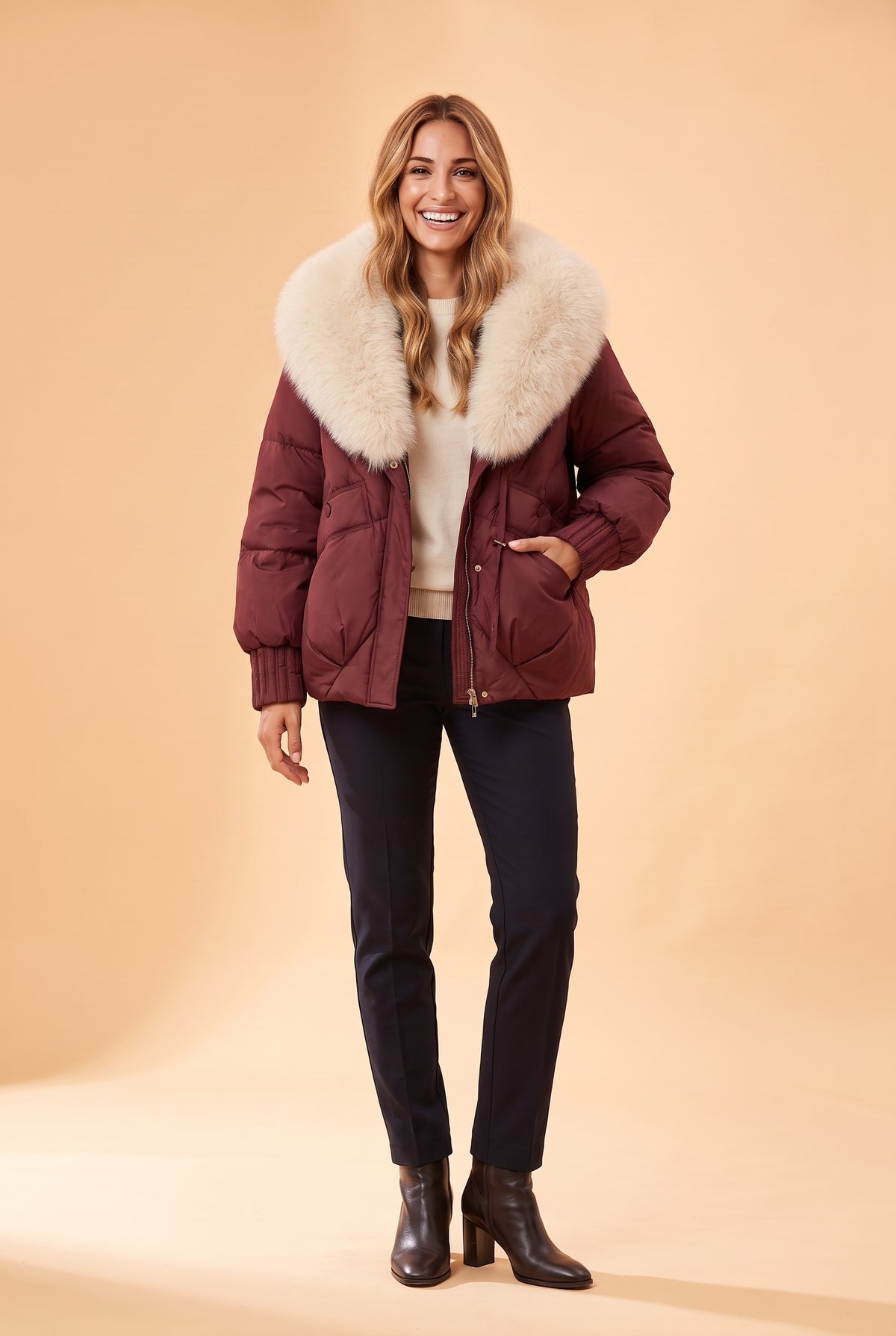 ANTHEIA Detachable Faux Fur Collar Puffer Coat in allah red, front