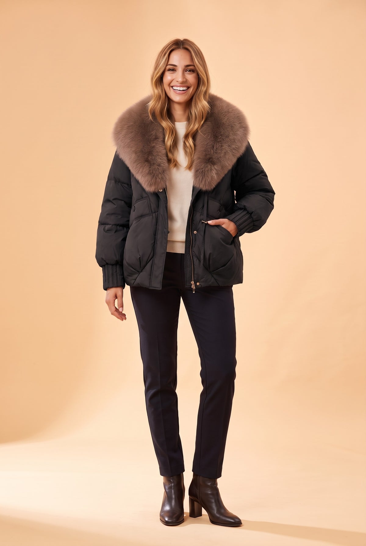 ANTHEIA Detachable Faux Fur Collar Puffer Coat in black, front