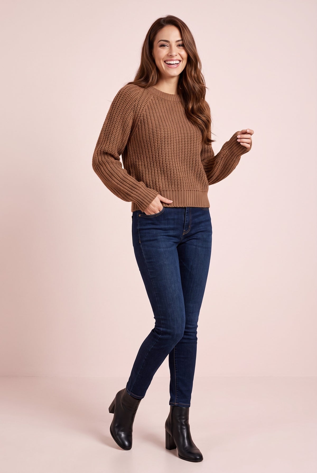 ARABELLA Chunky Knit Puff Sleeve Jumper in brown, front