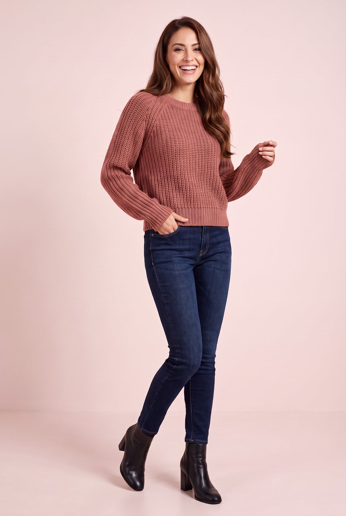 ARABELLA Chunky Knit Puff Sleeve Jumper in pink, front