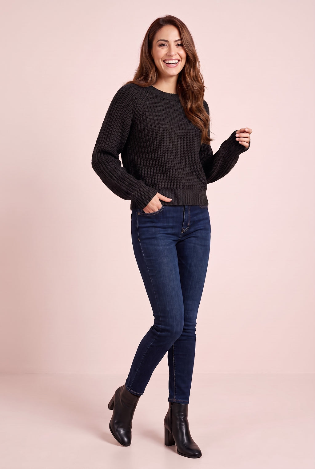 ARABELLA Chunky Knit Puff Sleeve Jumper in black, front