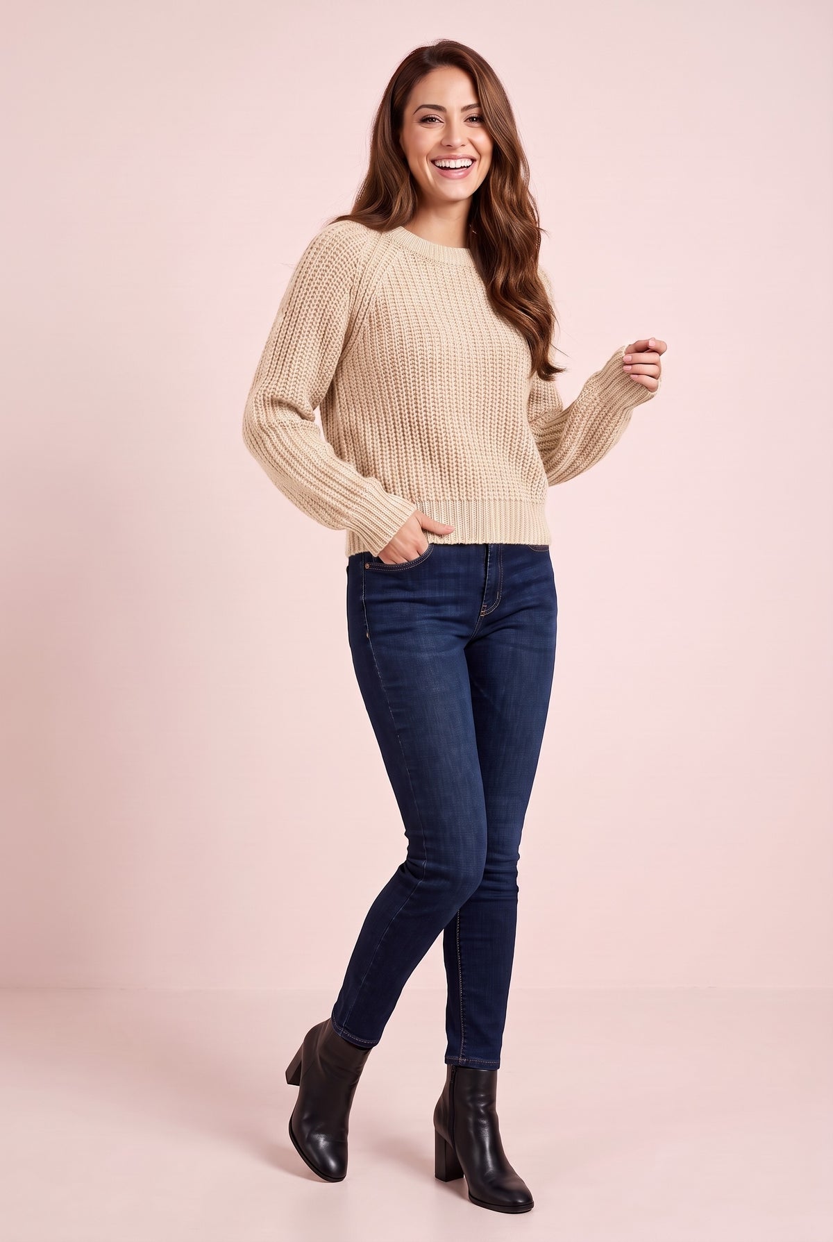 ARABELLA Chunky Knit Puff Sleeve Jumper in beige, front