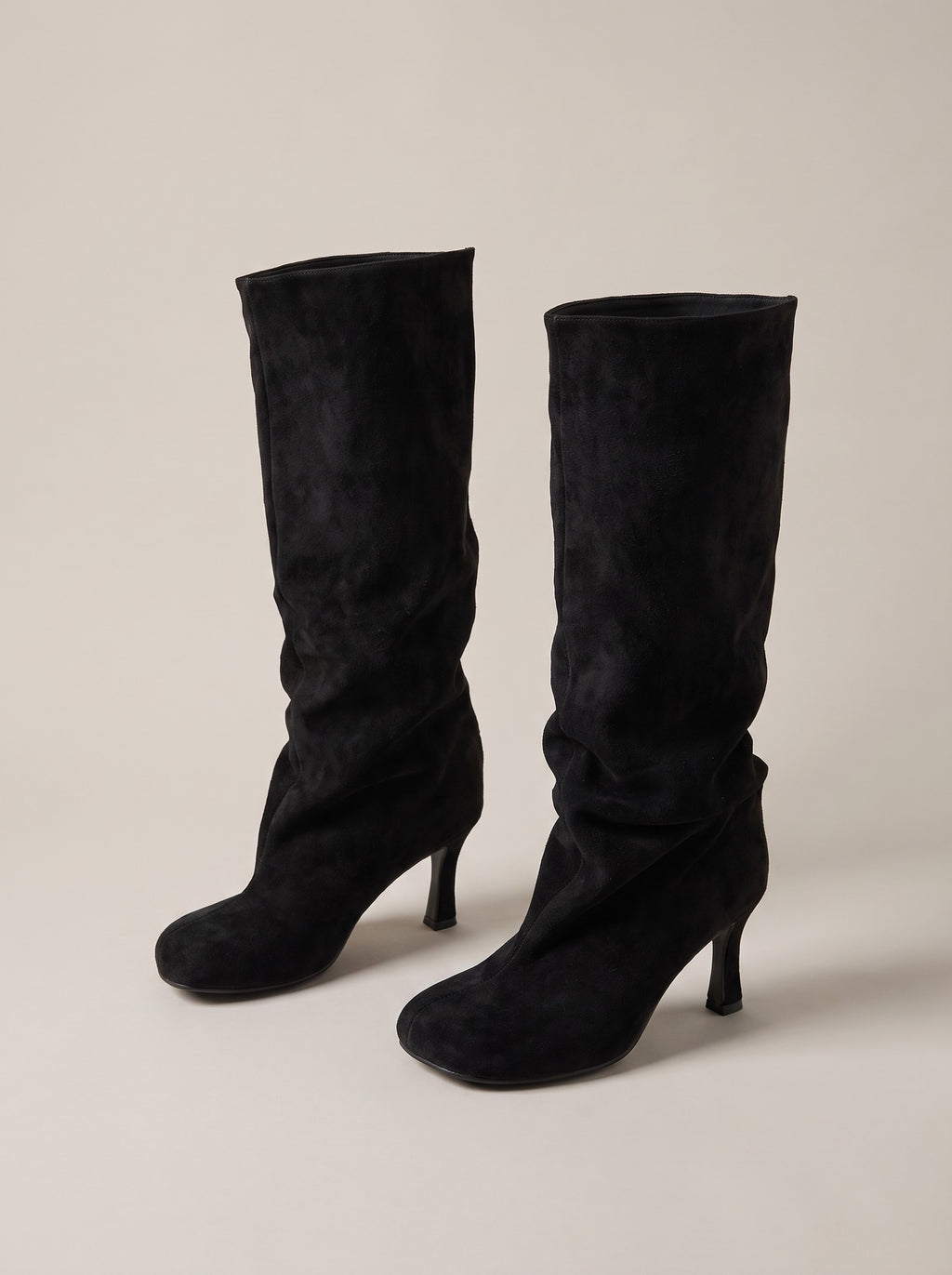 ARIEL Slouch Faux Suede Heeled Mid Calf Boots in black, front