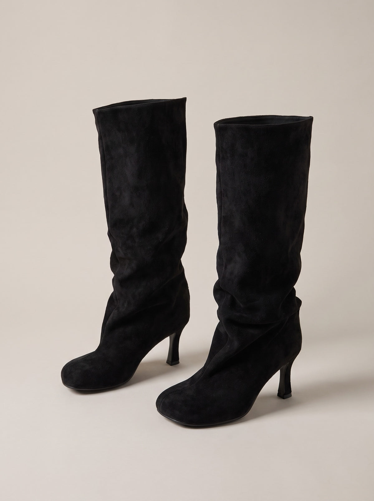 ARIEL Slouch Faux Suede Heeled Mid Calf Boots in black, front