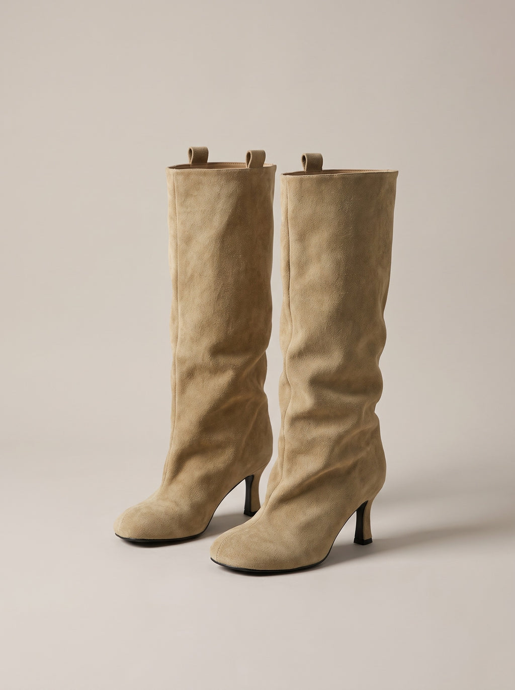 ARIEL Slouch Faux Suede Heeled Mid Calf Boots in apricot, front