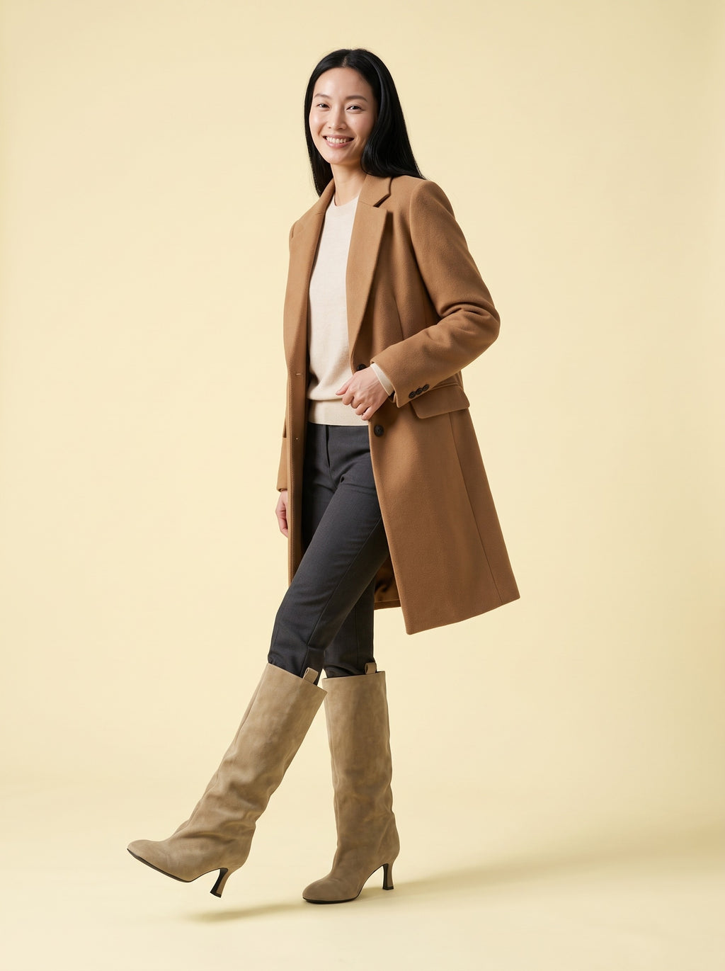 ARIEL Slouch Faux Suede Heeled Mid Calf Boots, worn full length