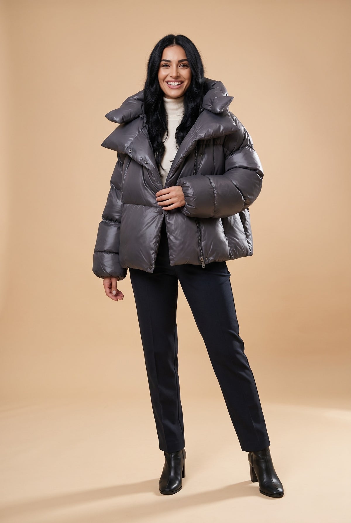 ARWEN Oversized Hooded Cropped Puffer Jacket in dark grey