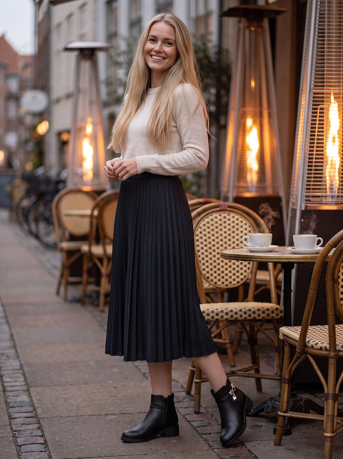 ASTARTE Embellished Low Heel Ankle Boots in black, worn full length