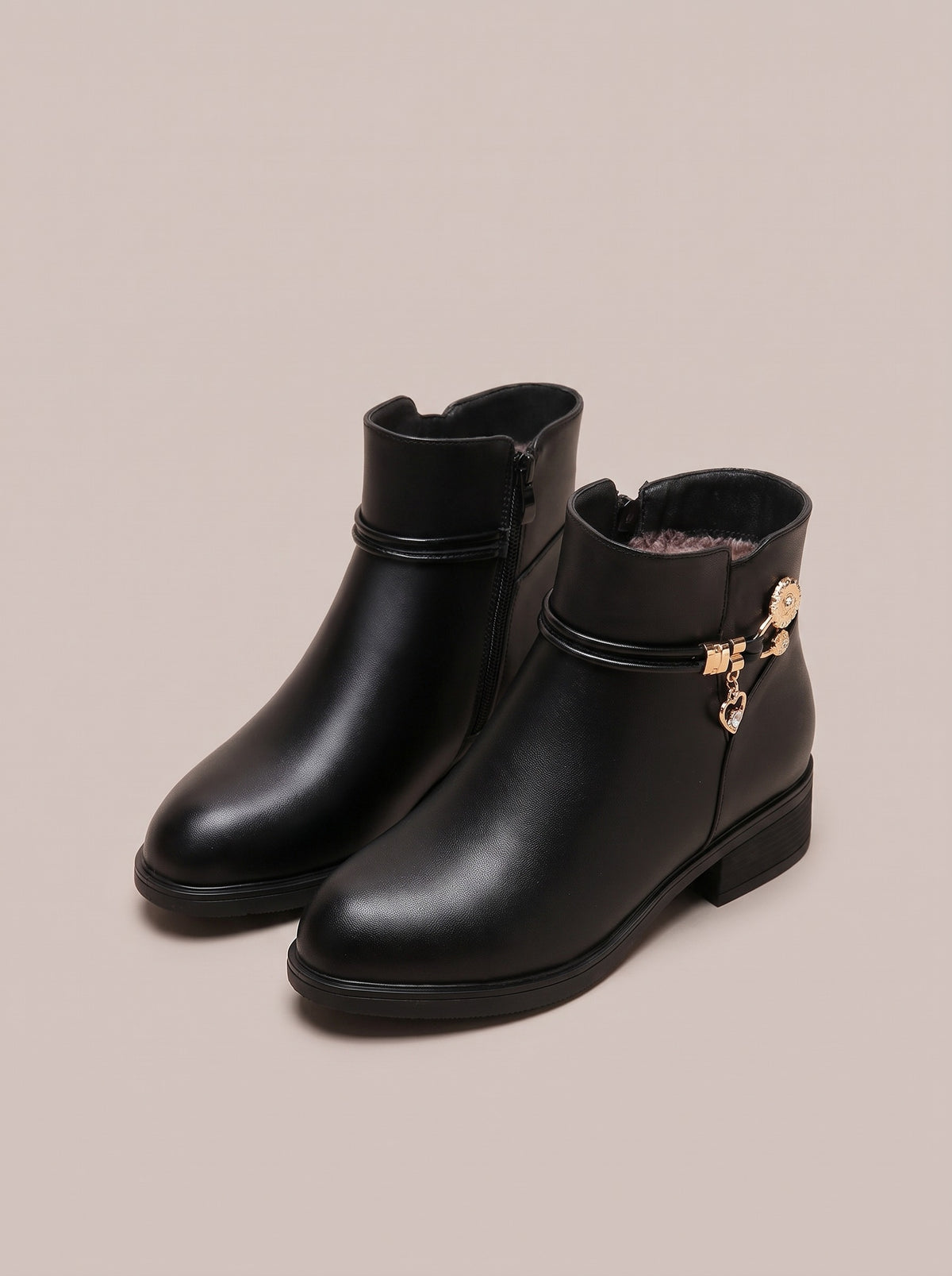 ASTARTE Embellished Low Heel Ankle Boots in black fleece, front
