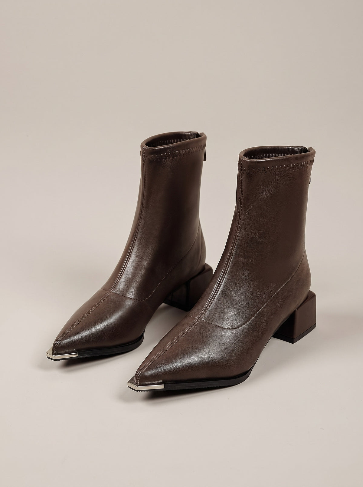 AURELLE Pointed Toe Block Heel Ankle Boots in brown, front