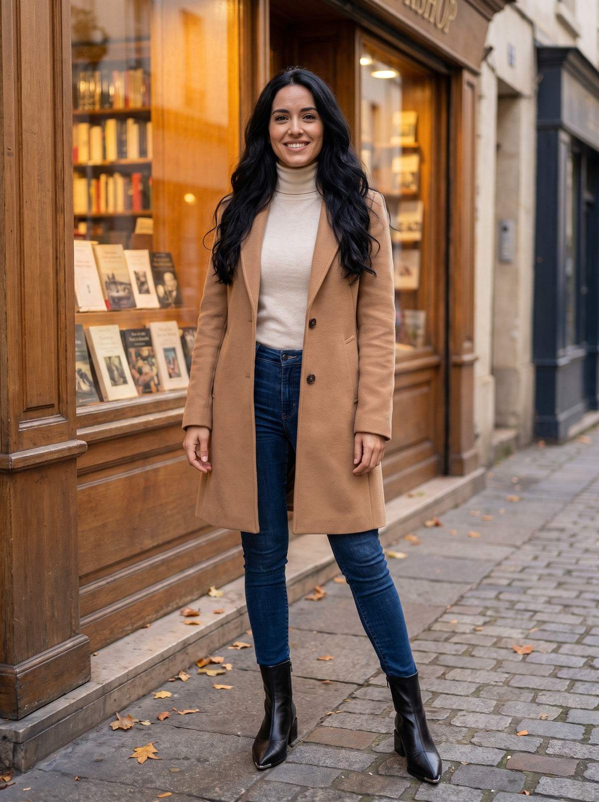 AURELLE Pointed Toe Block Heel Ankle Boots in black, worn full length