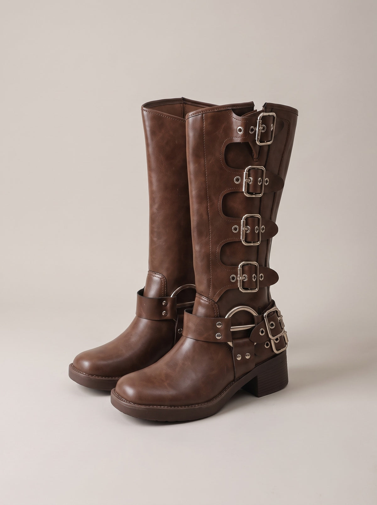 AVERY Buckle Biker Knee High Boots in brown, front