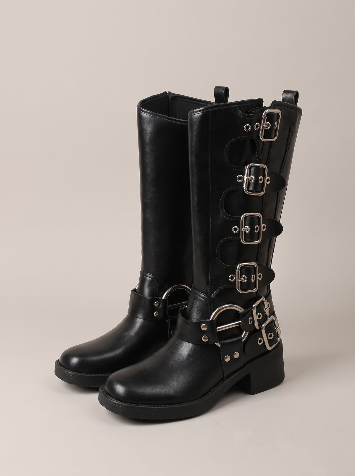 AVERY Buckle Biker Knee High Boots in black, front