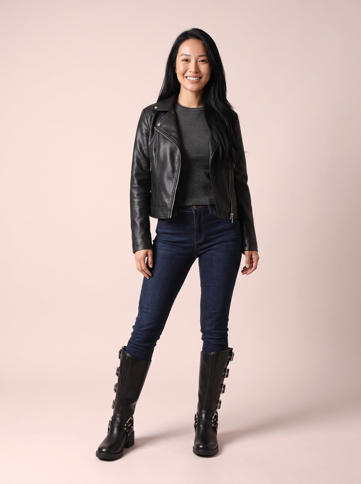 AVERY Buckle Biker Knee High Boots, worn full length