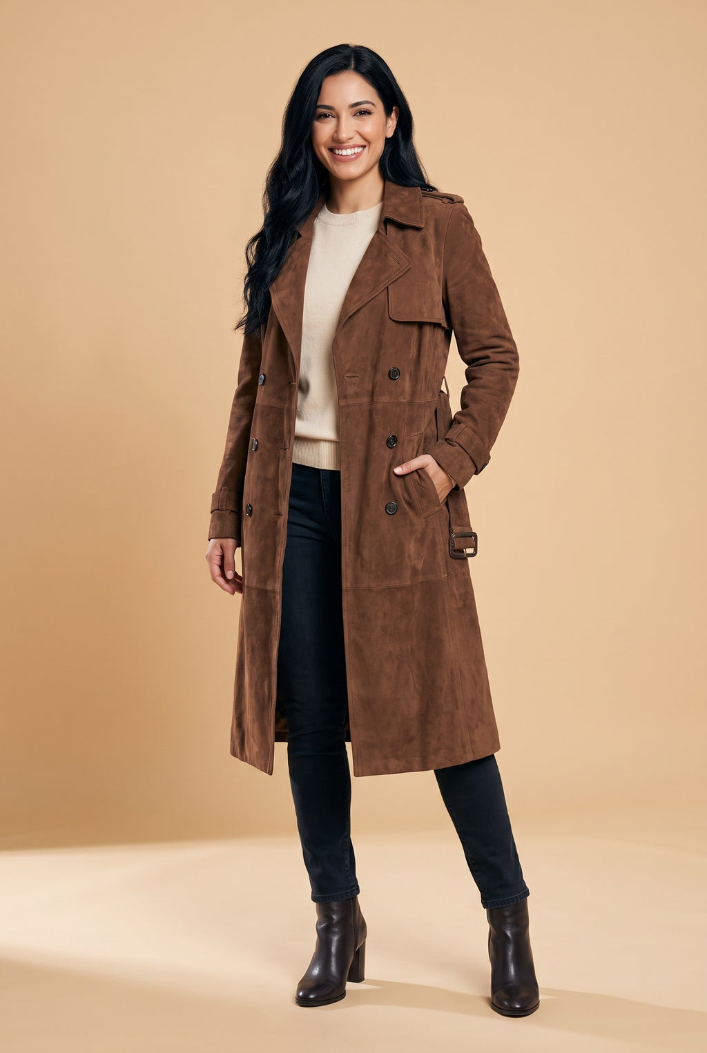 BAILEY Belted Faux Suede Trench Coat in dark brown, front