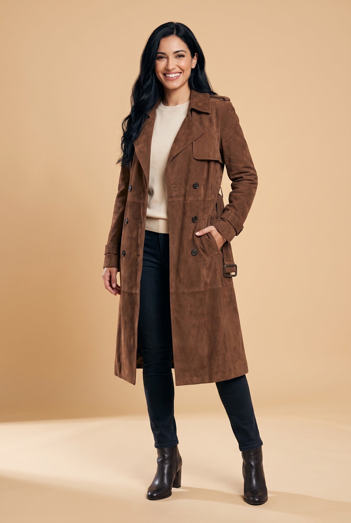 BAILEY Belted Faux Suede Trench Coat in dark brown, front