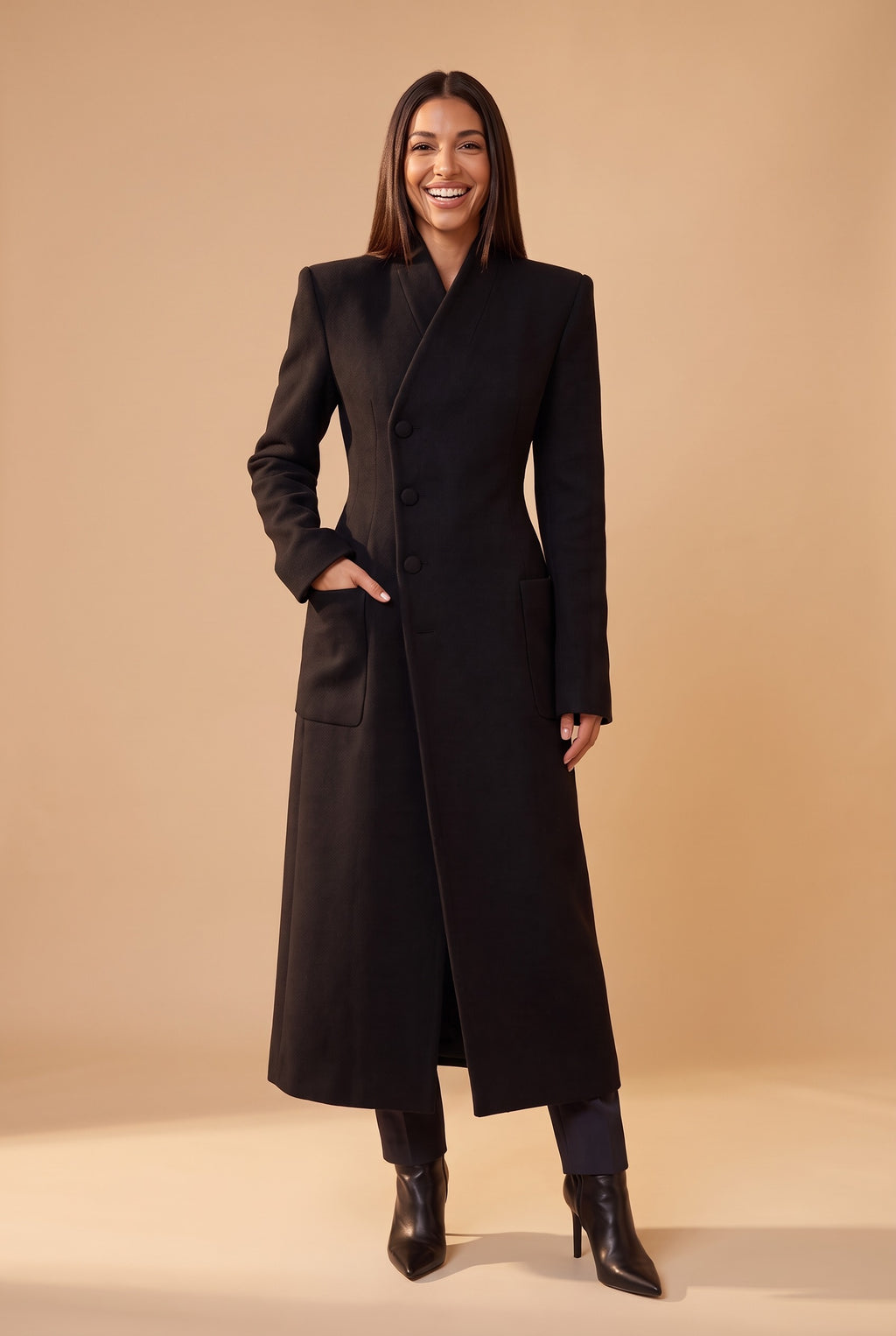 BEATRIX Long Single Breasted Tailored Coat in black, front