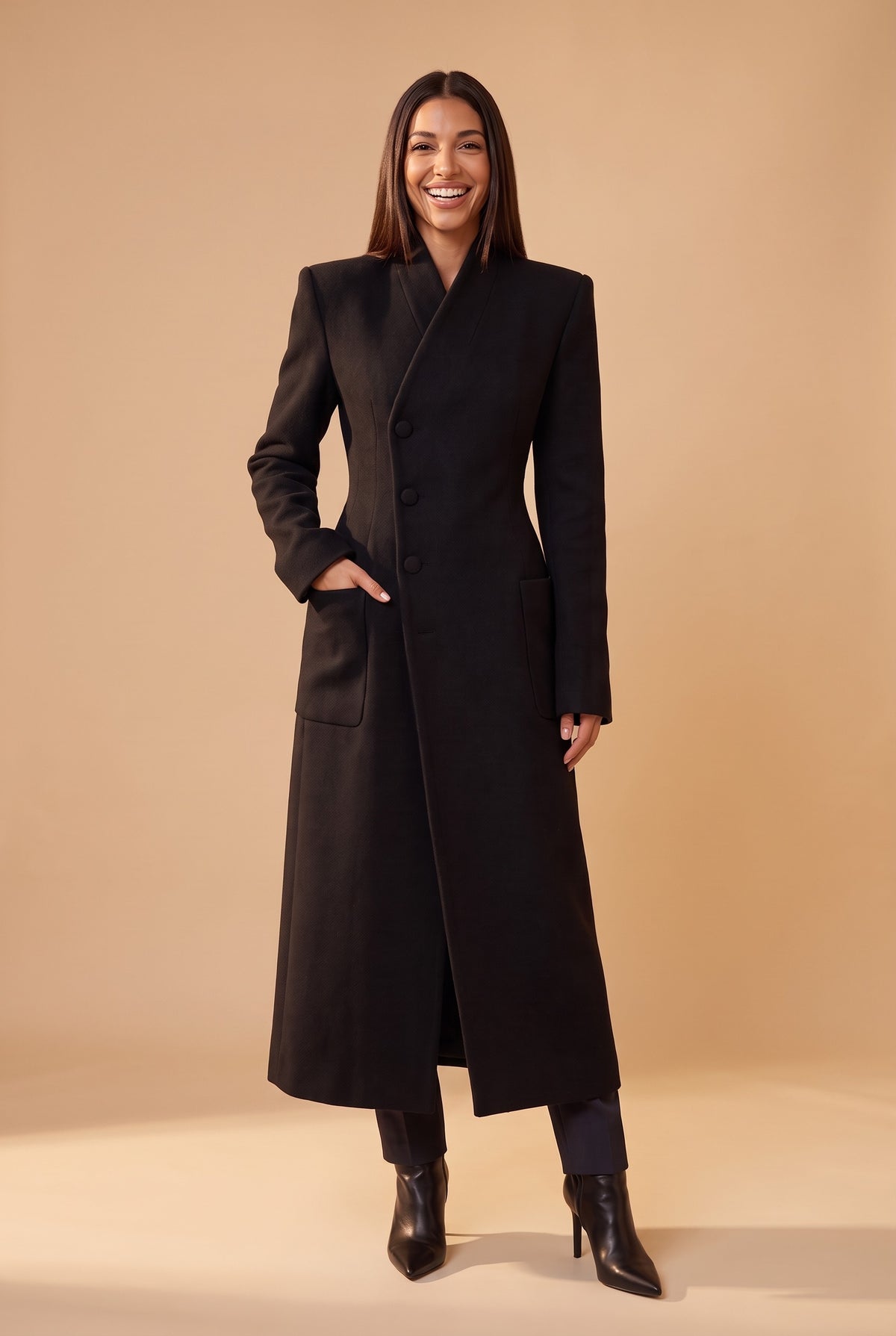 BEATRIX Long Single Breasted Tailored Coat in black, front
