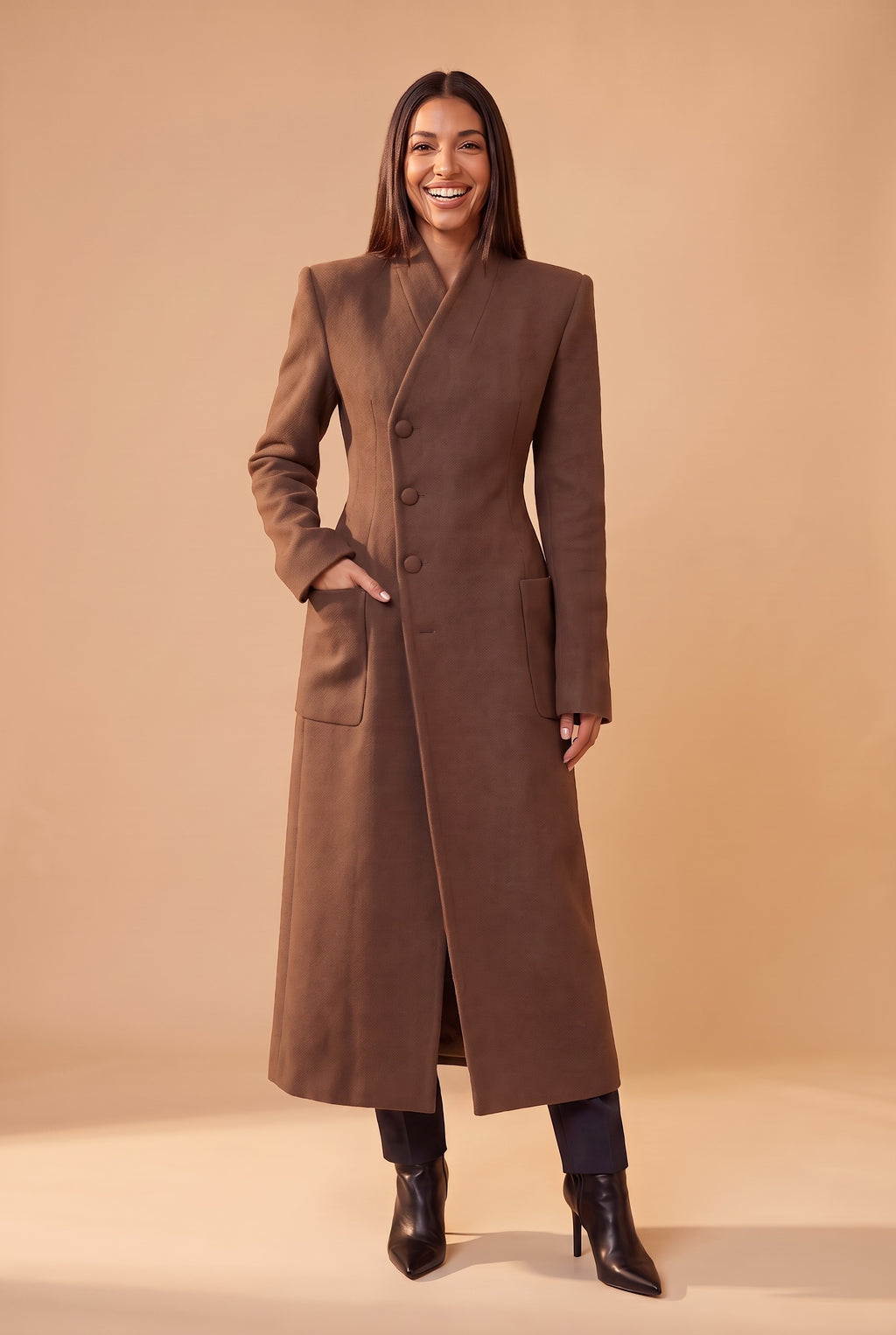 BEATRIX Long Single Breasted Tailored Coat in coffee, front