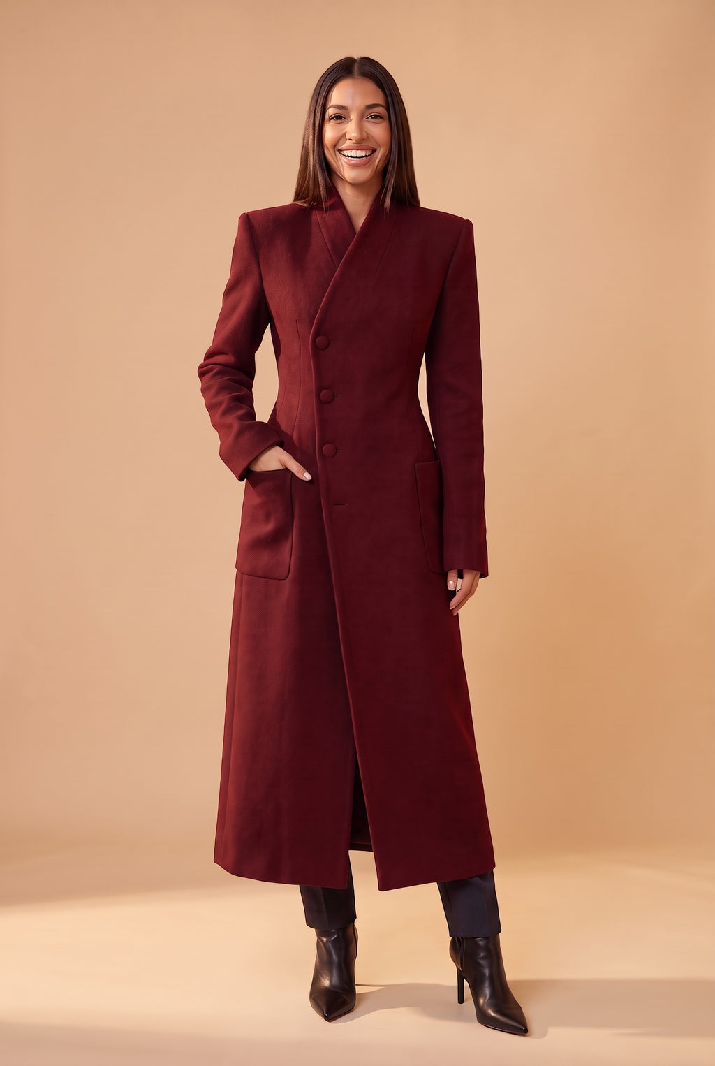 BEATRIX Long Single Breasted Tailored Coat in dark red (no belt), front