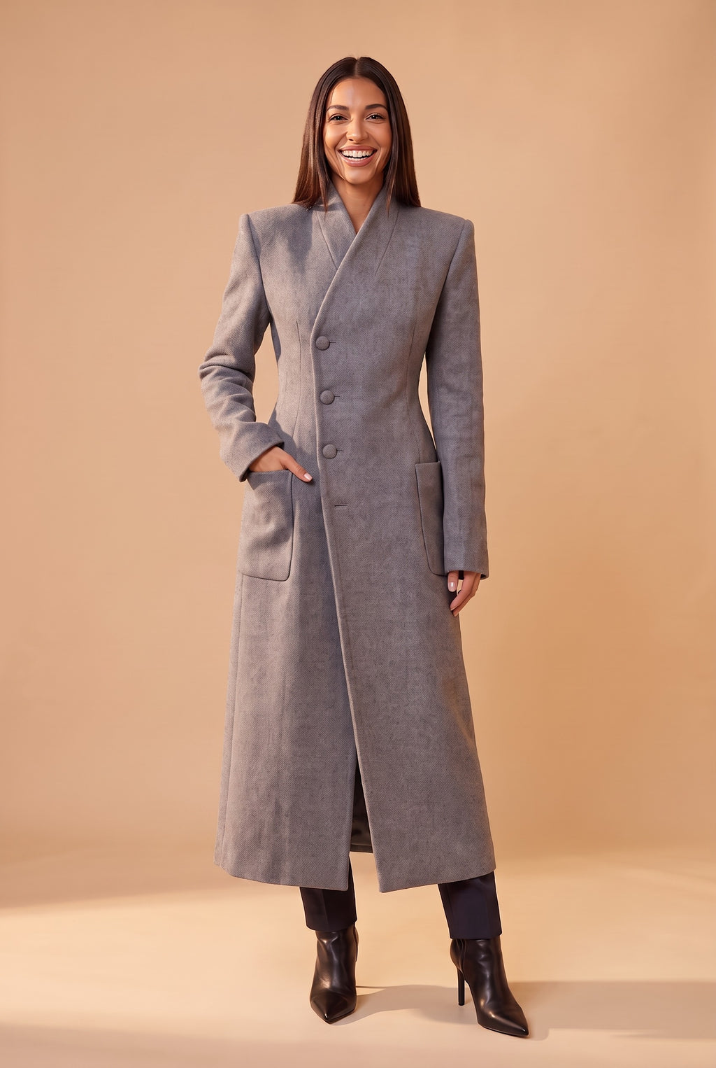 BEATRIX Long Single Breasted Tailored Coat in grey, front