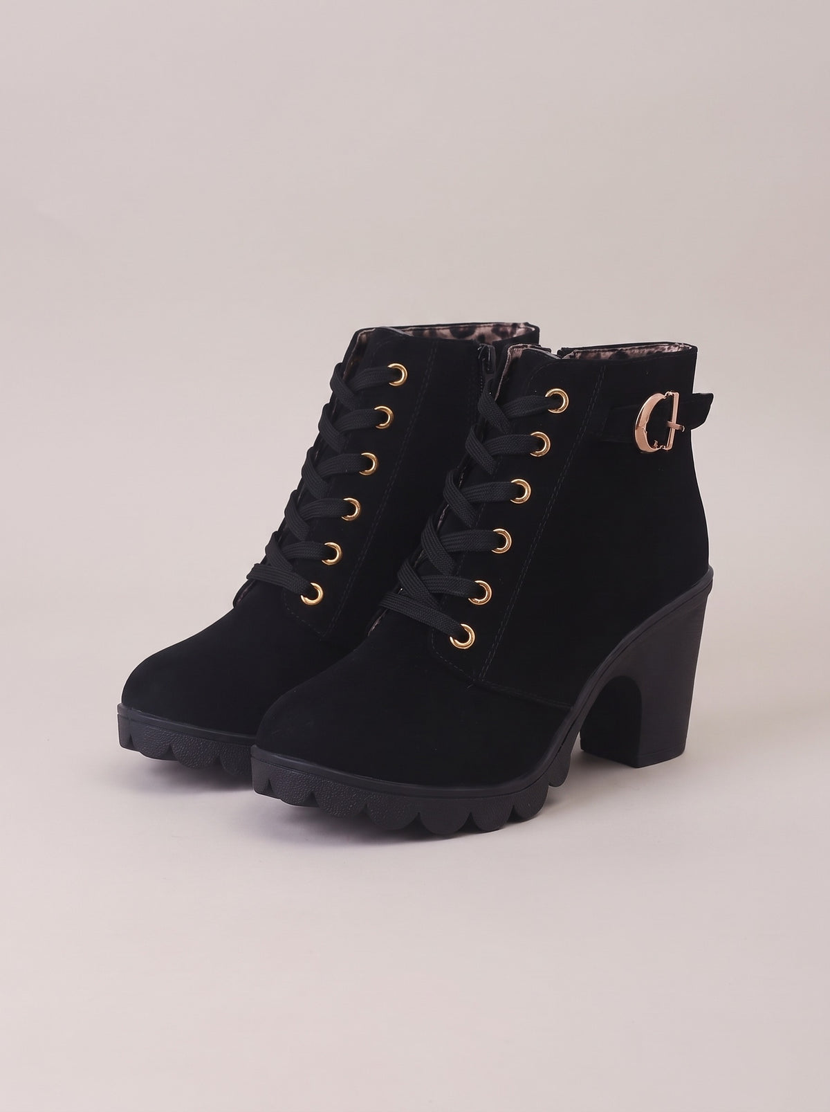 BELLA Lace Up Faux Suede Heeled Ankle Boots in black, front