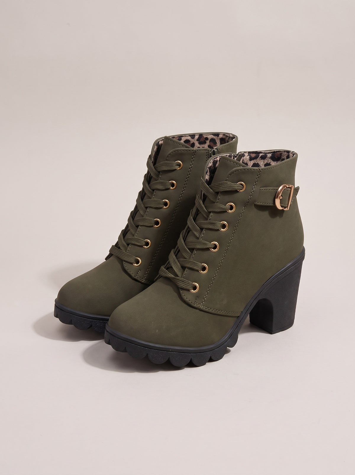 BELLA Lace Up Faux Suede Heeled Ankle Boots in green, front