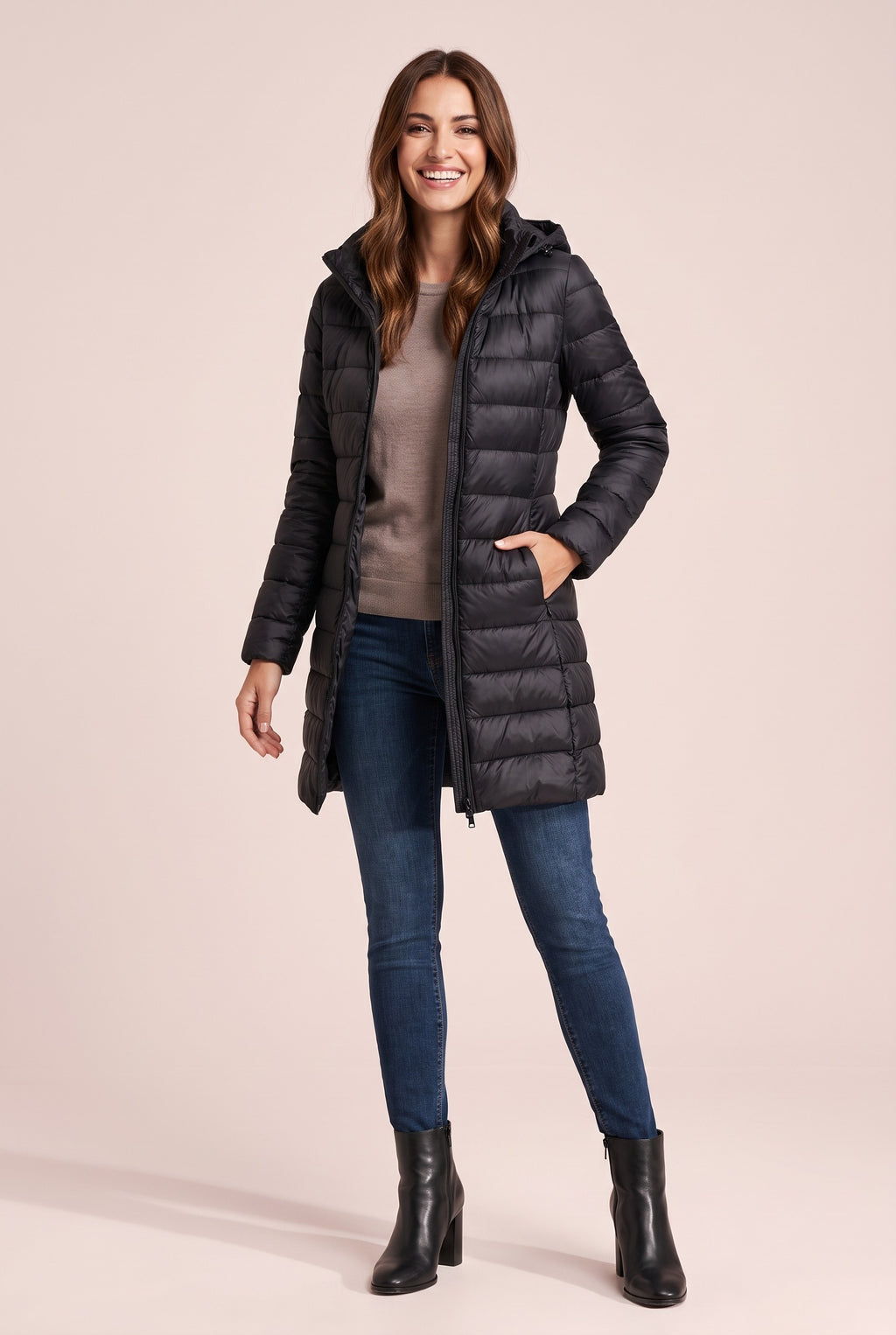 BETHAN Hooded Longline Down Puffer Coat in black, front