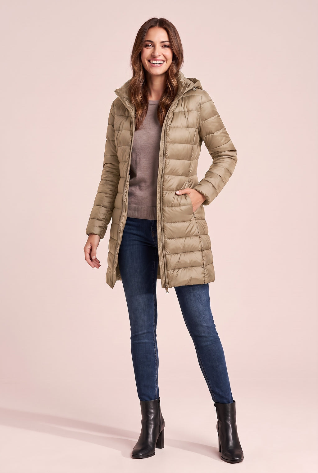 BETHAN Hooded Longline Down Puffer Coat in khaki, front