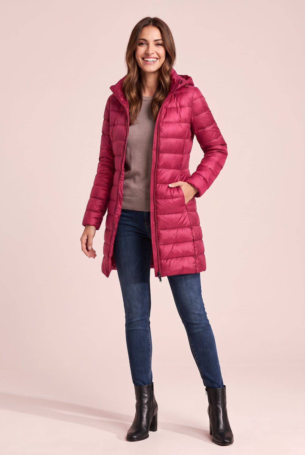 BETHAN Hooded Longline Down Puffer Coat in rose red, front